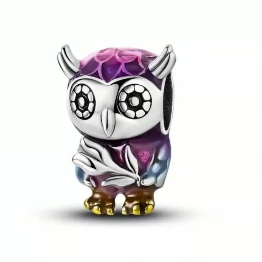 x1 925 Silver Plated Purple Enamel Smart Owl Flower Bead/Charm New
